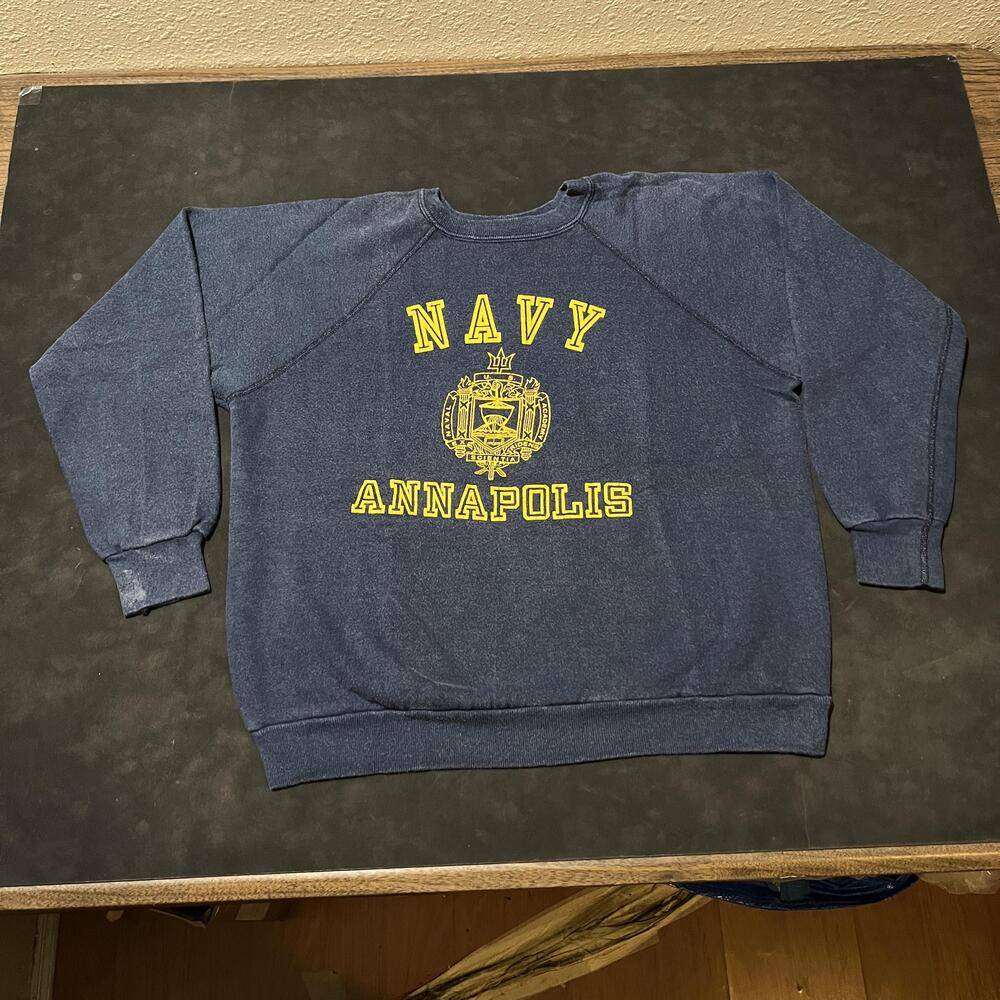 Vintage US Navy Naval Academy Flocked Sweatshirt Annapolis USA Raglan Fleece 70s